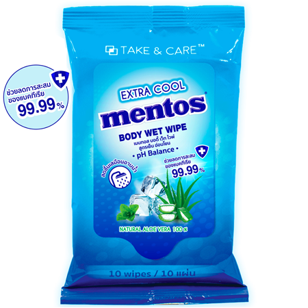 MENTOS DRY SHOWER BODY WET WIPE 10 WIPES ทิชชู่เปียกกลิ่นเมนทอส มอบสัมผัสเย็นสดชื่น อ่อนโยนต่อผิว ผสานคุณค่าจากธรรมชาติ NATURAL ALOE VERA 100 %