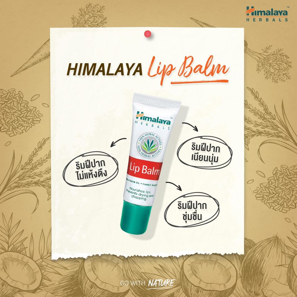 เปลี่ยนริมฝีปากแห้งให้เนียนนุ่ม ชุ่มชื้น แลดูสุขภาพดี ด้วย HIMALAYA LIP BALM! อุดมไปด้วยวิตามิน E จาก จมูกข้าวสาลี มี Antioxidant ด้วยสารสกัดจากดอกพุดพิชญา และน้ำมันจากเมล็ดแครอท ช่วยฟื้นบำรุงให้ริมฝีปากเนียนนุ่ม ชุ่มชื้น